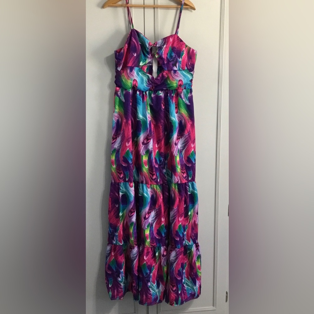 Jewel Tone Feathers Cut Out Sun Maxi Dress 3X